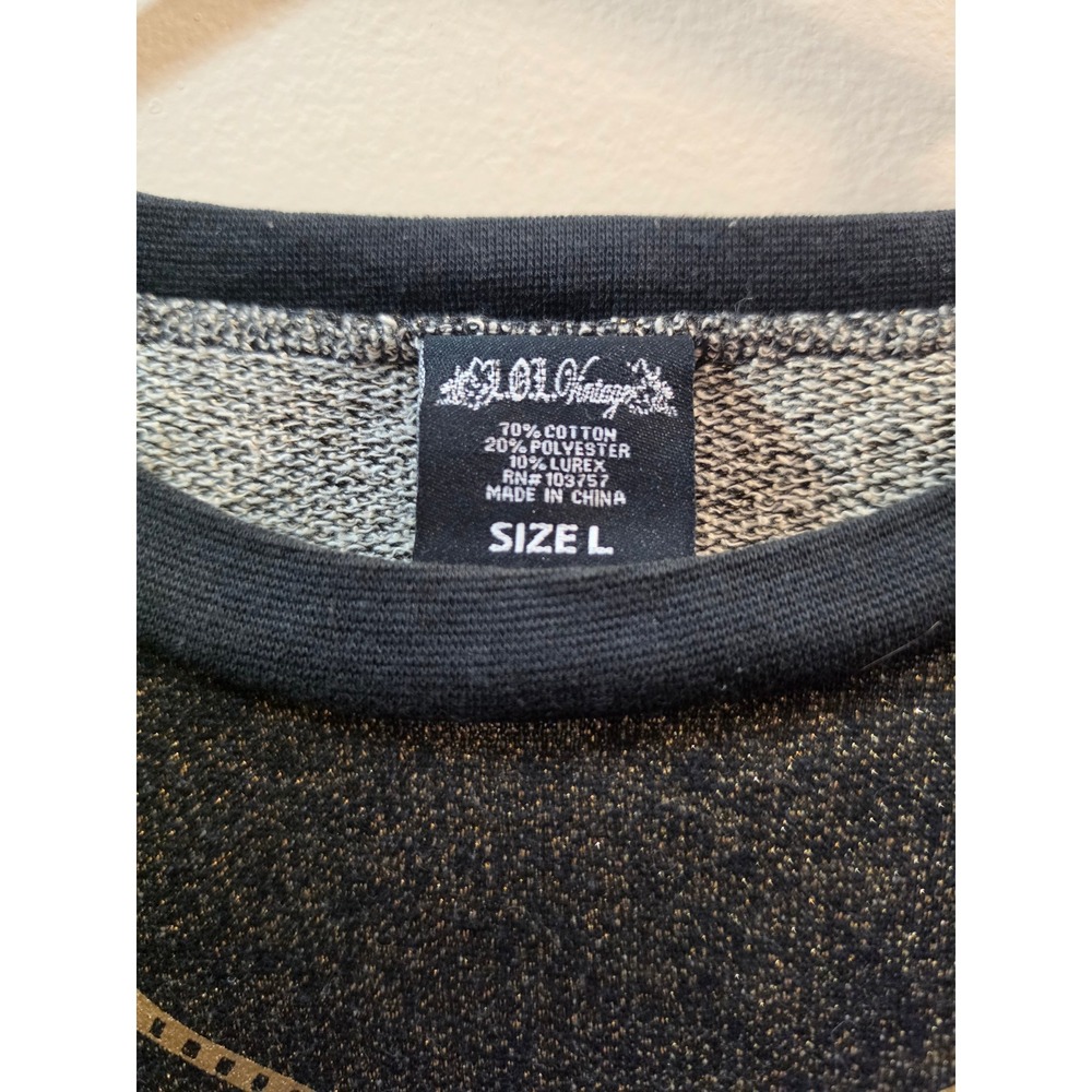 LOL Vintage Black Gold Metallic Owl Graphic Sweatshirt Lurex Shimmer Large - Picture 2 of 8